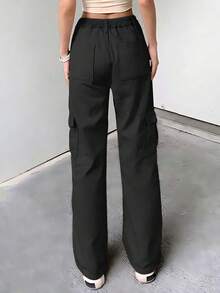 Women's Straight Leg Cargo Pants With Multiple Pockets, High-Waisted, Slim And Loose Jeans - 黑色 - 查看 3