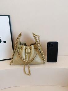 Rhombus Pattern Women's Large Capacity Shoulder Crossbody Drawstring Bucket Bag, Commuter Handbag - Gold - View 6