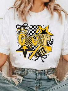 1 Piece Of Volunteers Solidarios Design T-Shirt For Women And Men - Soft, Breathable, Lightweight, Round Neck, Short Sleeve, With Pom-Pom And Megaphone Design, Gold And Black Lettering Of The Volunteers Solidarios Team, Plaid Design - Match Day Wear, Volunteers Solidarios Team Wear, 180g 100% Cotton. - 白色 - 查看 5