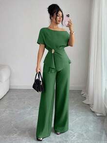 onjunto de primavera/verano para mujer con pantalón ancho de una sola manga con hebilla metálica en la cintura, adecuado para uso diario, bodas, galas, ir al trabajo, fiestas de graduación, vacaciones, citas, fiestas, Halloween, Navida - Verde militar - Ver 3