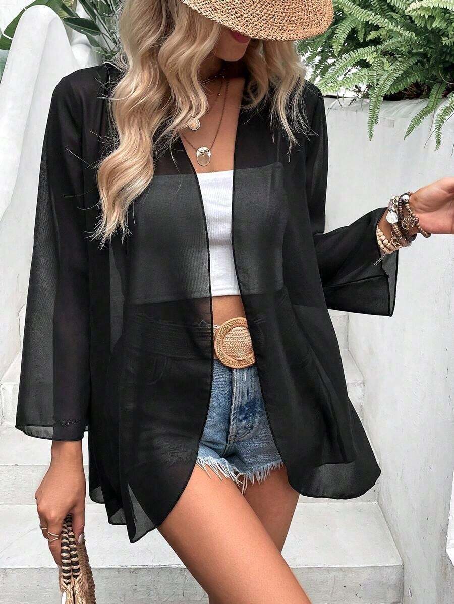 Chaqueta ligera y transparente de manga acampanada de unicolor casual de vacaciones EARO para primavera - Negro - Ver 1