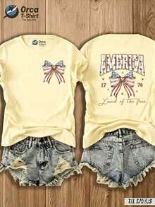 Camiseta de Mujer con Estampado de Lazo y Bandera de "Tierra de los Libres" - Atuendo para el 4 de Julio, Top Casual de Cuello Redondo con Diseño de Mapa, Adecuada para Primavera Verano, Regalo (Envío Local) - Rosa - Ver 6
