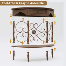HLR Half Moon Console Table For Entryway, Minimal Assembly, Vintage Wood Accent Table With Drawer And Floral Wrought Iron, Entryway Table With Shelf For Living Room, Foyer, Hallway - 棕色 - 查看 8