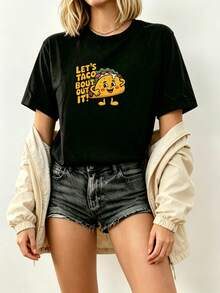 Women's T-Shirt: This Black, Short-Sleeved, Urban-Style T-Shirt For Women Features Cute Mexican Taco Designs And The Fun Slogan "Let's Taco Bout It." It's A Casual And Fashionable Outfit Suitable For Everyday Wear, Parties, Vacations, And Summer Holidays. It's A Classic And Stylish Garment For Women. - 黑色 - 查看 4