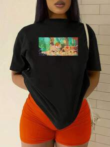 Colorful Image Depicting A Scene Of Friendship And Adventure In The Jungle With A Child And A Cute Animal Radiating Natural Energy And Fun. Comfortable Casual Women's T-Shirt Ideal For Everyday Wear. - 黑色 - 查看 2