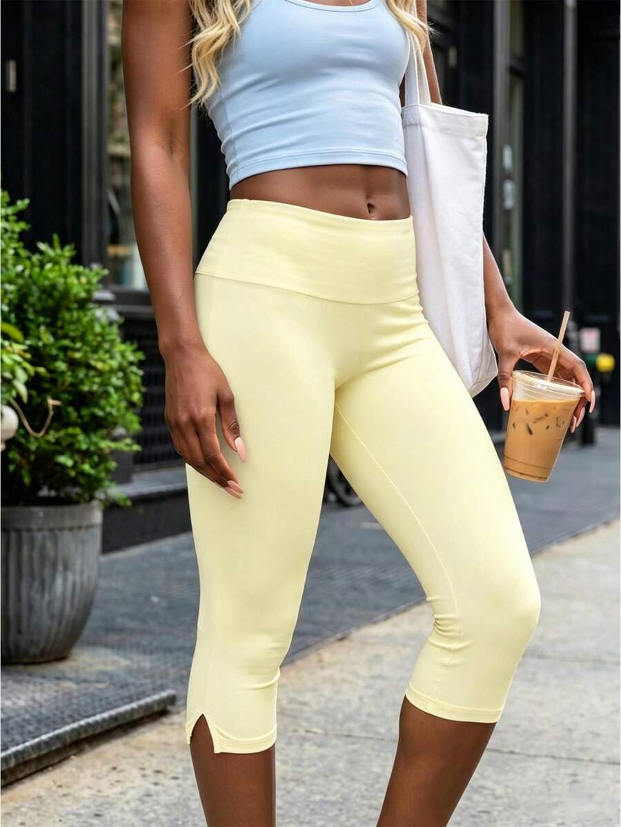 Womens Split Hem Capri Pants Fold Over Waist Solid Color Slim Fit Cropped Pants Trousers - 黃色 - 查看 1