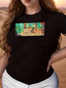 Colorful Image Depicting A Scene Of Friendship And Adventure In The Jungle With A Child And A Cute Animal Radiating Natural Energy And Fun. Comfortable Casual Women's T-Shirt Ideal For Everyday Wear. - 黑色 - 查看 6