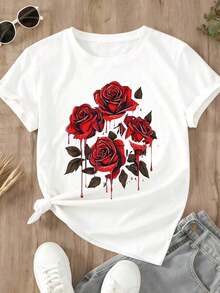 Women's Round Neck T-Shirt For Valentine's Day, With Red Rose Print, Casual Style For Everyday Wear And Romantic Occasions - Urban Vintage Style, Unisex, Cotton, Short Sleeve, Round Neck. - 白色 - 查看 2
