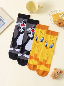 Noctvar OBM Sleepwear X LOONEY TUNES 2 pares de calcetines de media caña para hombre con estampado de gato y hermano, diseño de dibujos animados de Looney Tunes, calcetines deportivos casuales y versátiles de verano, resistentes al olor y absorbentes de sudor, con estampado de conejo loco, adecuados para estudiantes/adultos como regalo y uso diario, estilo de pareja - Multicolor - Ver 12