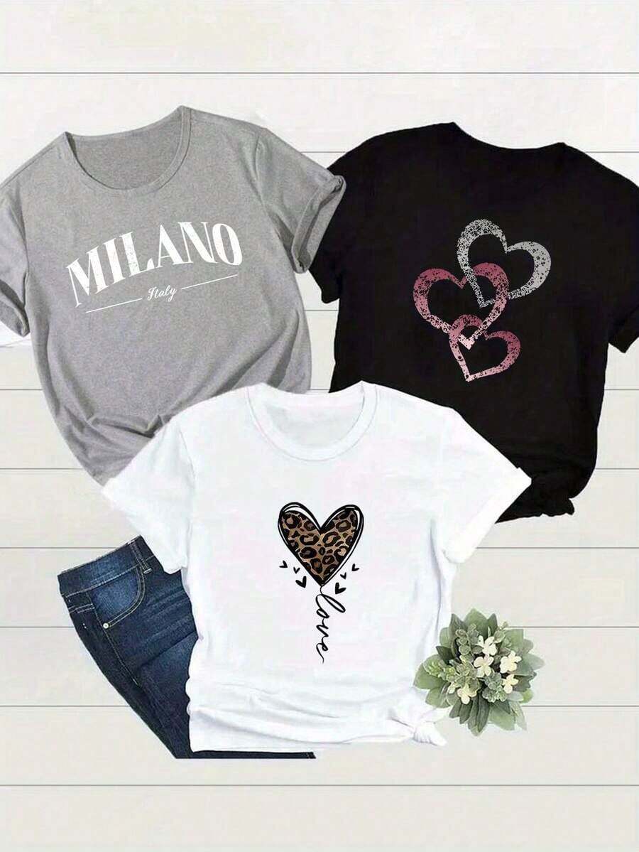 Camiseta de mujer 2026, diseño creativo con estampado de leopardo, estampado de anillo en forma de corazón y la letra MILANO, pieza única, top casual de manga corta y cuello redondo para primavera y verano, ropa de mujer. - Blanco - Ver 1