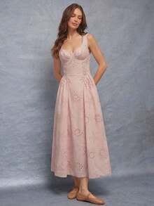 x Tata & Beatriz  Vestido midi sin mangas con ajuste entallado y vuelo, escote corazón, copas con aros, bordado con conchas marinas, cintura baja, ideal para primavera y vacaciones en la playa - Rosa vieja - Ver 4