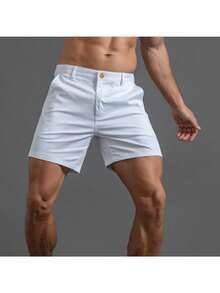 GS SNOWING Pantalones cortos chinos de 6 pulgadas para hombre, ajustados, de algodón elástico, informales, de verano, con parte delantera plana - Blanco - Ver 2