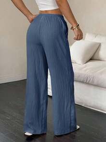 [Free Shipping]Women's Casual Plain Slant Pockets Textured Long Pants Fall Cloth For Women - Teal Blue - View 2