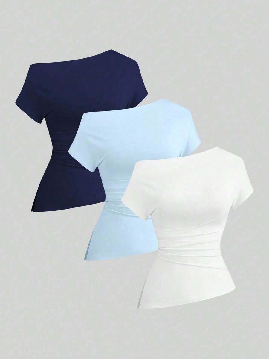 Camiseta casual asimétrica de hombro para mujer - Multicolor 17 - Ver 1