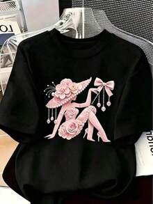 Suave Women's Pink  Floral & Pearl Figure Printed T-Shirt, Casual Crew Neck Short Sleeve Slim Fit Tee For Spring Summer, blusa casual mujer, blusas para mujer, playeras de mujer algodon - Negro - Ver 1