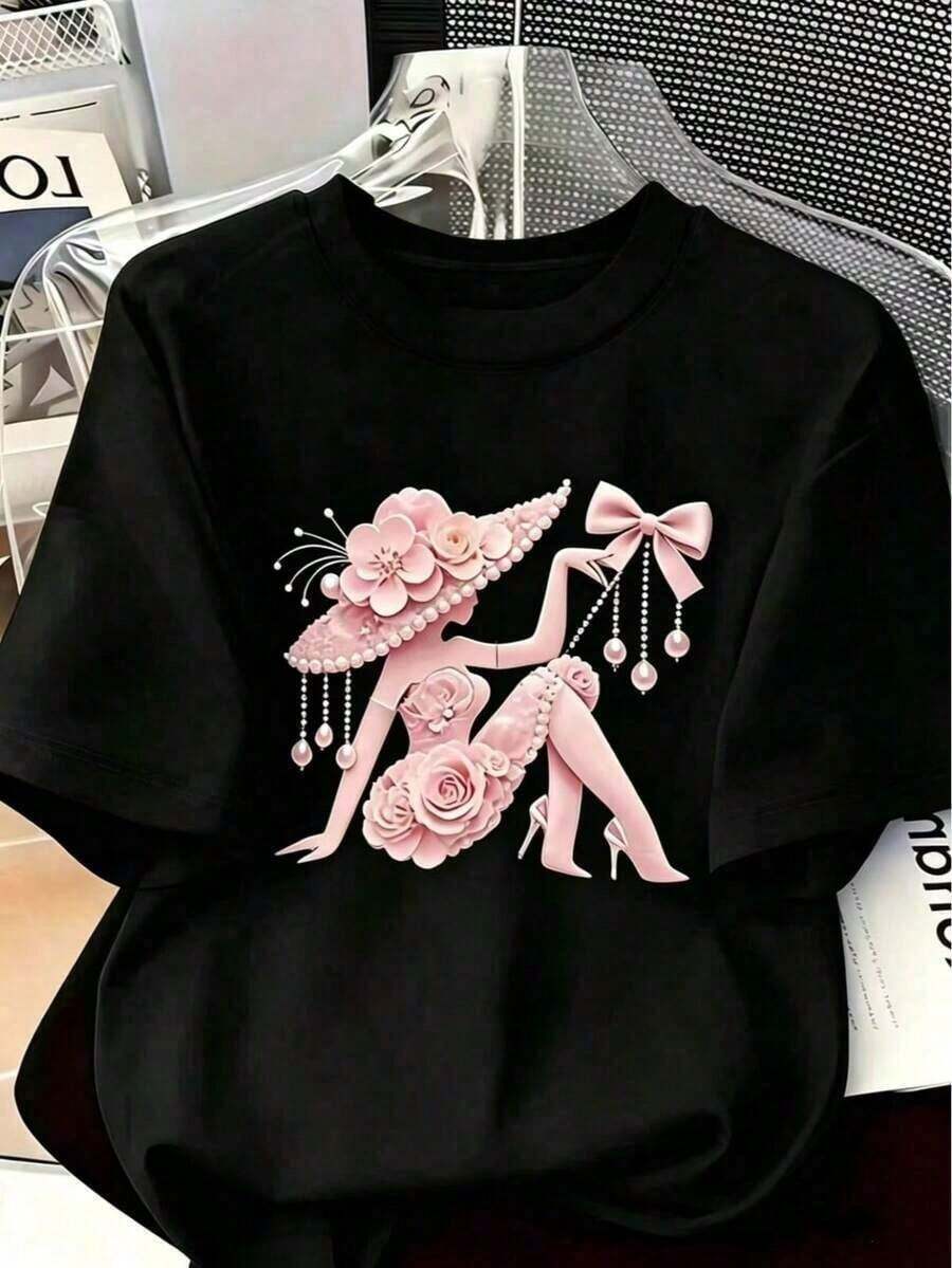 Suave Women's Pink Floral & Pearl Figure Printed T-Shirt, Casual Crew Neck Short Sleeve Slim Fit Tee For Spring Summer, blusa casual mujer, blusas para mujer, playeras de mujer algodon - Negro - Ver 1