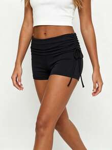 Women Fold Over Waist Shorts Fashionable Solid Color Low Rise Slim Fit Mini Shorts For Beach Daily Wear - 黑色 - 查看 6