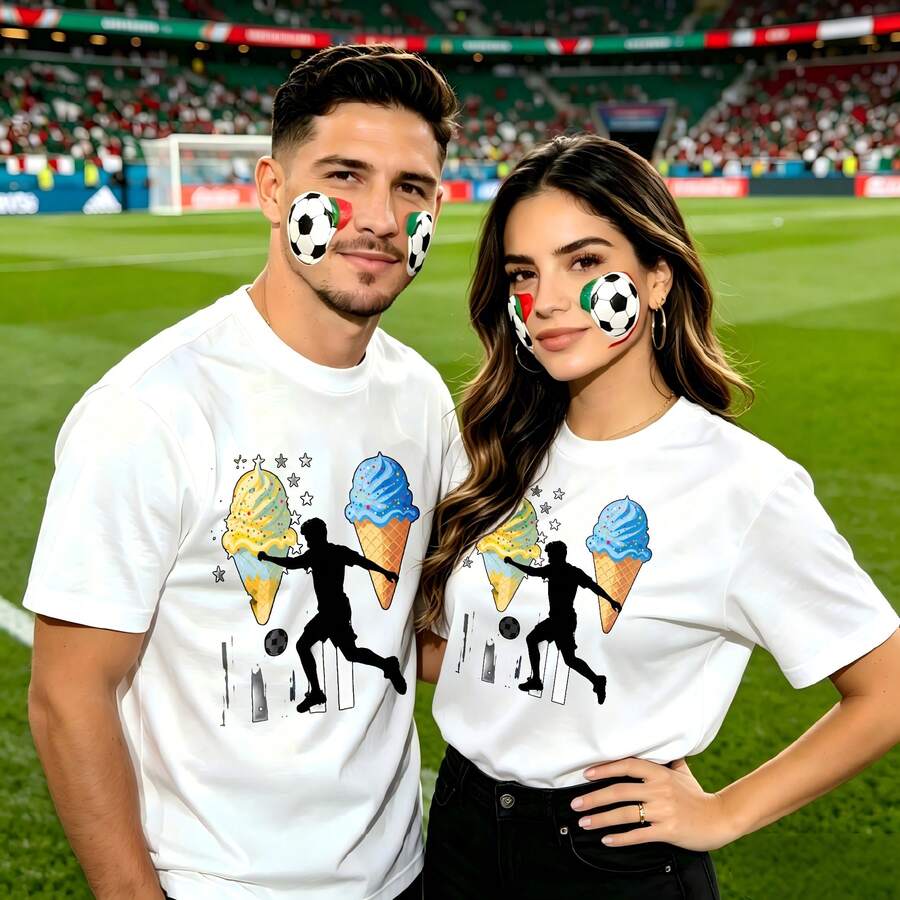 Couple Football Pattern T-Shirt, 100% Cotton, Loose Fitting, Soft And Breathable, Casual Round Neck Short Sleeved Top Ice Cream Soccer Player Stars Flag Printed Patterns, Dating, Leisure Travel, Gatherings, Simple Cartoon Printing Style, High Cost-Effectiveness Suitable For Watching Live Sports - 白色 - 查看 1