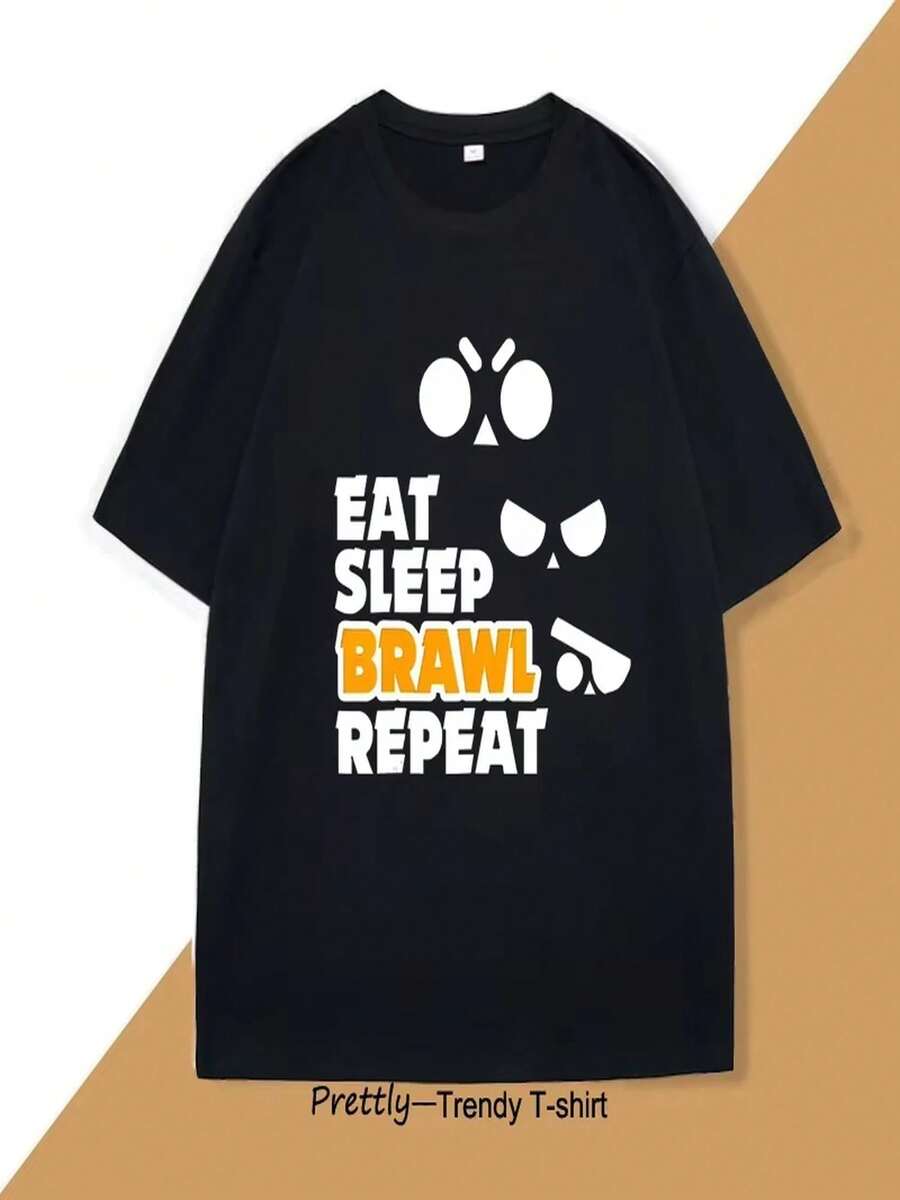 Eat, Sleep, And Fight Chaos Loop T-Shirt, Feminine Style, Mobile Fighting Game Print T-Shirt, Pure Cotton Short Sleeve Casual Wear For Women. - 黑色 - 查看 1