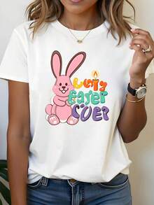 "CUTE EASTER COVER" Women's Easter T-Shirt With Adorable Bunny Design And Pink Rabbit Gradient Font Pattern, Casual Short Sleeve, Soft And Fun, Matching Family Top For The Holidays. 3UJE - White - View 1