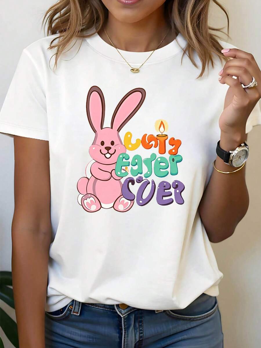 "CUTE EASTER COVER" Women's Easter T-Shirt With Adorable Bunny Design And Pink Rabbit Gradient Font Pattern, Casual Short Sleeve, Soft And Fun, Matching Family Top For The Holidays. 3UJE - White - View 1