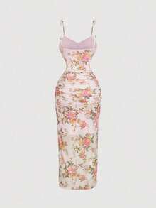 Vestido midi con estampado floral vintage y fruncido con abertura para mujer, vestidos beige, vestido de hadas, vestido formal, Vestido de Nochevieja, Vestido de Año Nuevo, Vestido de fiesta de Año Nuevo, Vestido de vacaciones, Ropa de Año Nuevo - Rosa Pálido - Ver 2