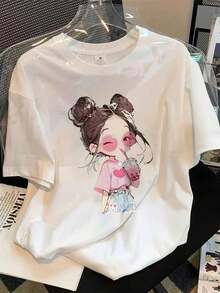Women's Oversized Graphic T-Shirt With Anime And K-Pop Print - Cute Korean Pop Culture Design With Chibi Characters, Loose Fit, Crew Neck, Short Sleeve, For Casual Wear, Birthday And Mother's Day Gift, Machine Washable, For All Seasons - Inspired By K-Drama - 白色 - 查看 8