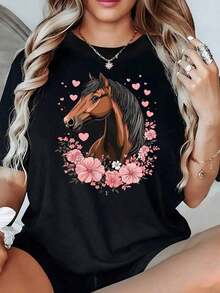 Portrait Of A Horse Surrounded By Pink Flowers And Hearts Symbolizing Feminine Strength And Tenderness. Women's T-Shirt, 220g Cotton. - 黑色 - 查看 1