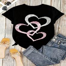 Romantic Hearts Graphic T-Shirt, 100% Cotton Oversized Soft Breathable Casual Crewneck Short Sleeve Top, Spring Vibes Aesthetic Tee for Women & Love Lovers - Negro - Ver 13