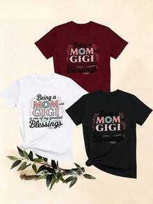 Women's T-Shirts, Women's T-Shirts, Casual Short Sleeve One Piece T-Shirt With "Mom" Blessing Print, Comfortable Top. - 1件黑色隨機圖案 - 查看 1
