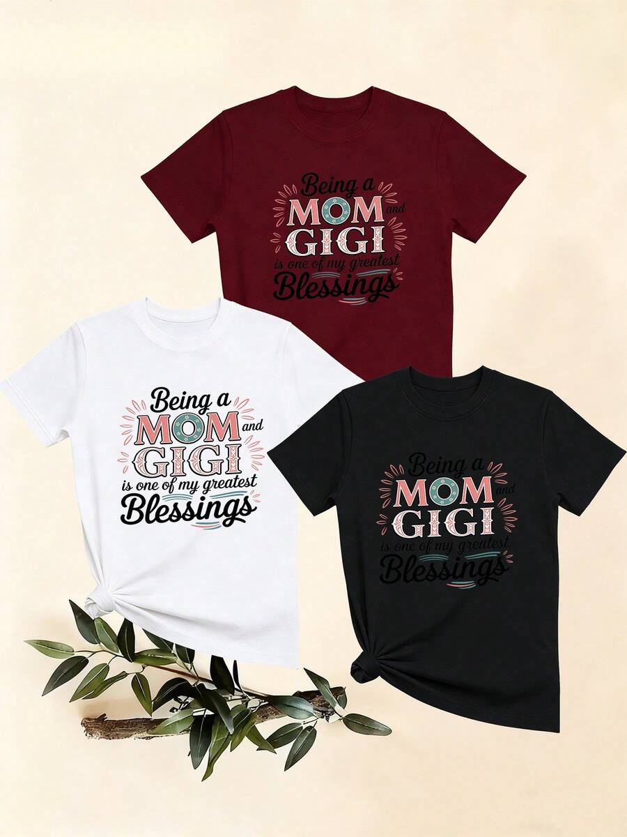 Women's T-Shirts, Women's T-Shirts, Casual Short Sleeve One Piece T-Shirt With "Mom" Blessing Print, Comfortable Top. - 1件黑色隨機圖案 - 查看 1