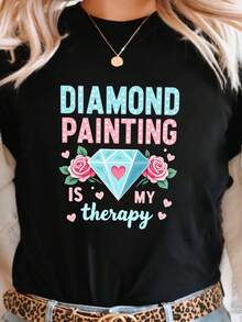 Women's T-Shirts, Women's T-Shirts, T-Shirt With The Design "Diamond Painting Is  To Relieve Stress" - Short Sleeve, Round Neck, Casual Top, Diamond Painting Pattern Design, Suitable For Spring And Summer, Medium Elasticity, Exclusive Outfit For Diamond Painting Enthusiasts. - 1件黑色隨機圖案 - 查看 6