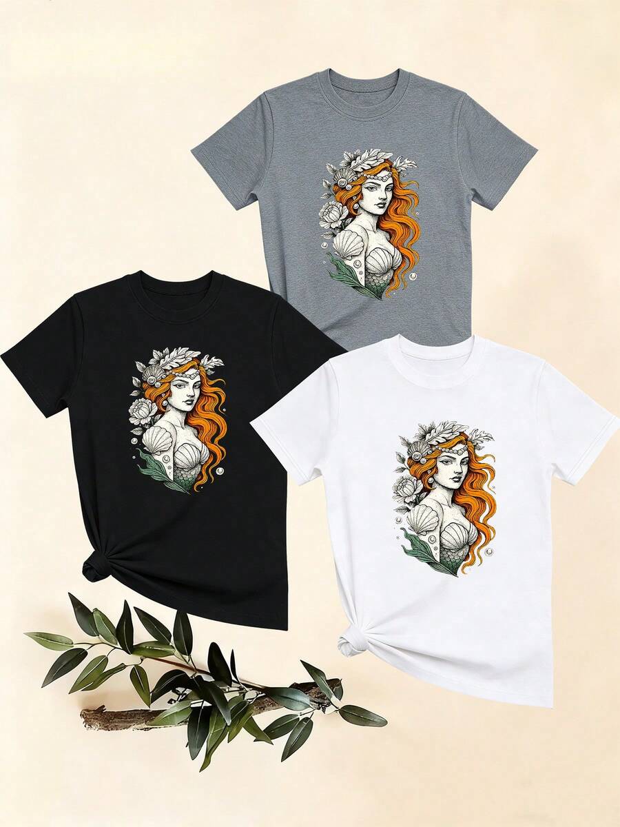 Women's T-Shirts, Women's T-Shirts, Women's Casual One-Piece Mermaid Print Crew Neck T-Shirt, Comfortable And Breathable Top For Everyday Wear. - 1件白色隨機圖案 - 查看 1