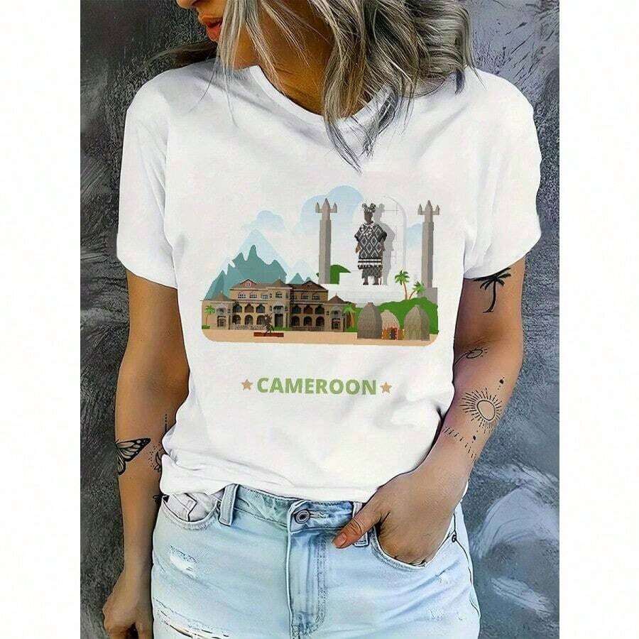 New Women's Casual Round Neck T-Shirt With Cameroonian Design, 100% Cotton, Floral Design, Pure Cotton Fabric, 200 Grams, Regular Length, Suitable For Spring, Summer And Autumn - Unisex Vintage Street Style T-Shirt, Loose Fit, Short Sleeve And Round Neck. - 白色 - 查看 1