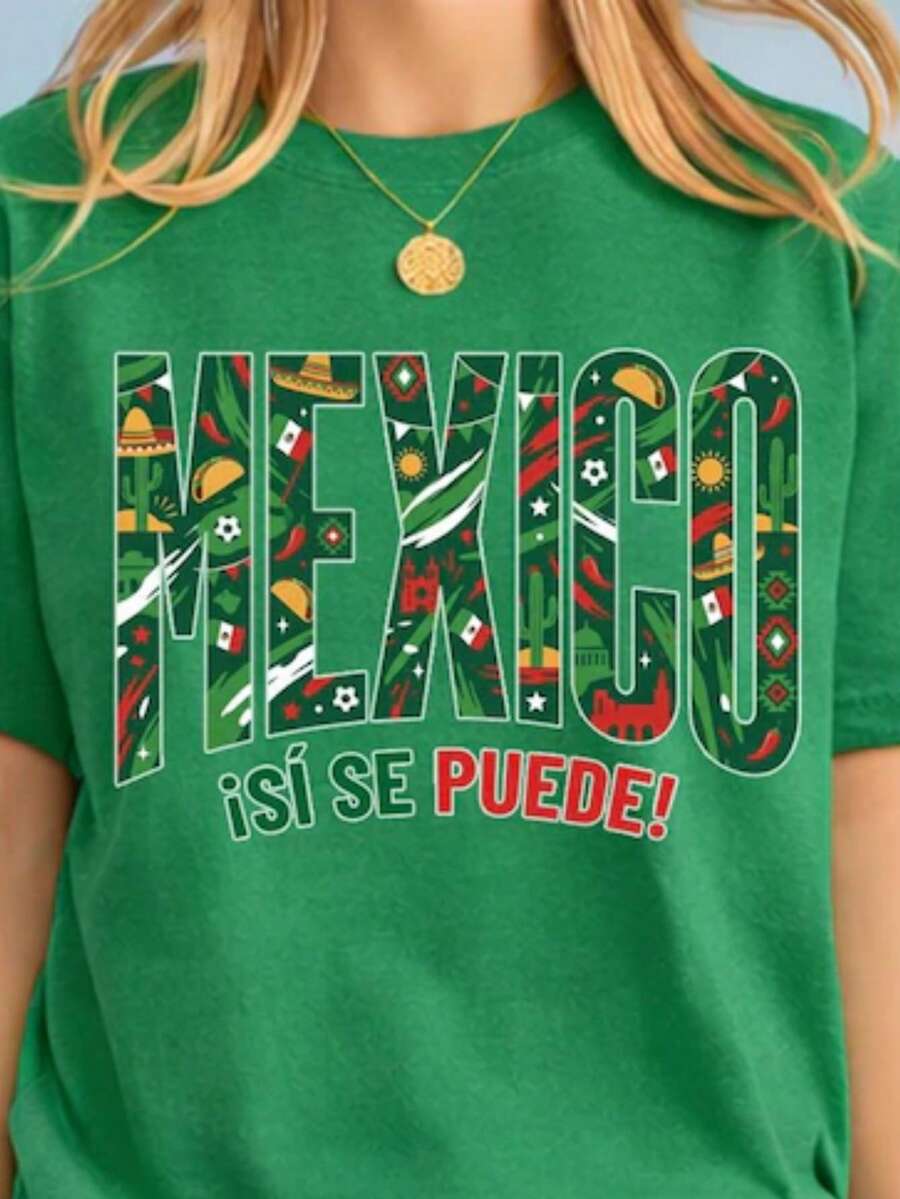 World Cup 2026 Country Teams Shirts, National Football Nations Shirts Mexico Camiseta informal de moda con estampado creativo para mujer, de manga corta y cuello redondo, para primavera y verano T-Shirt Women Festive Celebration Shirt Party Wear Top - Multicolor - Ver 1