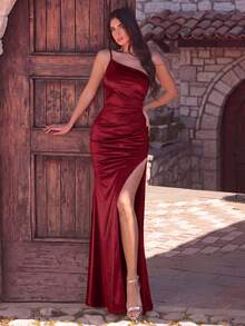 Off-Shoulder Satin Formal Dress, Elegant Bridesmaid Gown - Burgundy - View 3