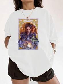 Artistic Illustration With Galactic Characters Surrounded By Mystical Lights And Golden Symbols That Evoke Strength And Inner Wisdom. Comfortable And Breathable Women's T-Shirt, Ideal For Everyday Wear And Showcasing Unique Style. - 白色 - 查看 6
