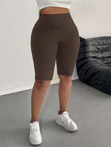 Leggings básicos de color liso para mujer de talla grande, apropiados para shorts de verano hasta la mitad del muslo, adecuados para personas de estatura talla grande baja, leggings de cintura alta, para uso diario, ocio, deportes, vera - Café integral - Ver 5