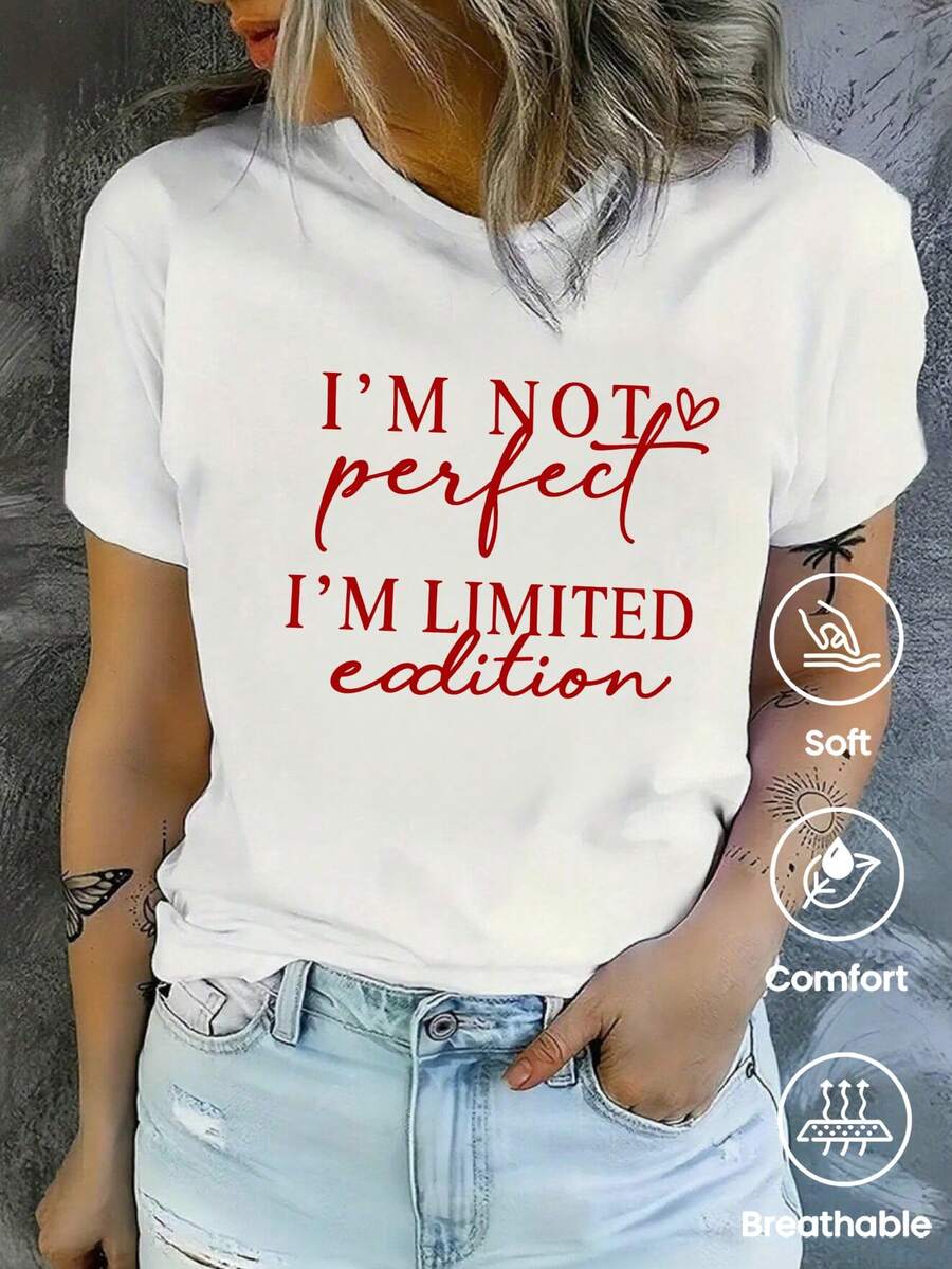 This Women's One-Piece Summer Top Features A Relaxed Fit, Crew Neck, And A Fun And Stylish Print That Reads "I'M NOT Perfect, I'M LIMITED EDITION." Ideal For Vacations, The Office, Outings, Everyday Wear, Dates, Parties, Meetings, And Streetwear. A Versatile Casual And Sporty Piece, Perfect As A Gift For Any Occasion. - 白色 - 查看 1