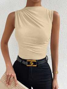 Blusa casual versátil con cuello alto y plisados para mujer - Albaricoque - Ver 3
