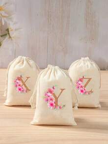 1pc Pink Letter A-Z Canvas Drawstring Gift Bag, Suitable For Holiday Party, Birthday, Wedding DIY Gift Packaging, Multiple Sizes Available, Home Storage Pouch - Multicolor - View 1