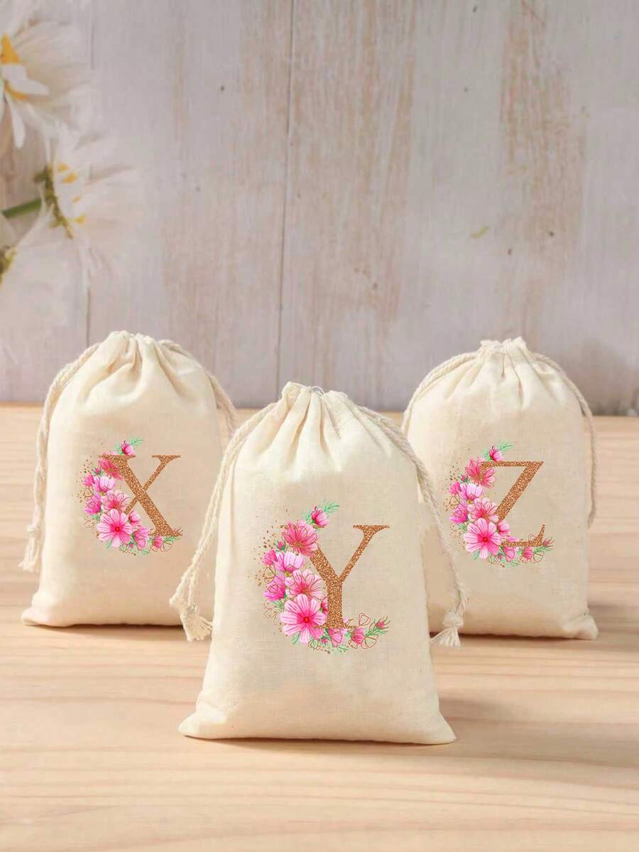 1pc Pink Letter A-Z Canvas Drawstring Gift Bag, Suitable For Holiday Party, Birthday, Wedding DIY Gift Packaging, Multiple Sizes Available, Home Storage Pouch - Multicolor - View 1