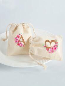 1pc Pink Letter A-Z Canvas Drawstring Gift Bag, Suitable For Holiday Party, Birthday, Wedding DIY Gift Packaging, Multiple Sizes Available, Home Storage Pouch - Multicolor - View 11