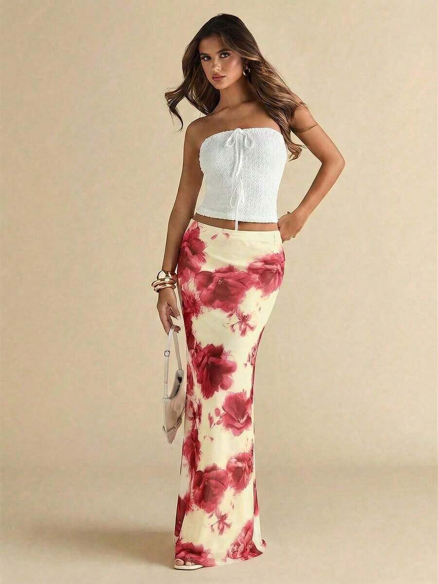 Falda de malla con estampado floral rosa de cintura media-baja para mujer de  , adecuada para la temporada de bodas, temporada de graduaciones, salidas nocturnas, actividades de fiesta, viajes, festivales, falda elegante para mujer, falda rosa.