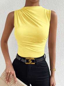 Blusa casual versátil con cuello alto y plisados para mujer - Amarillo - Ver 4