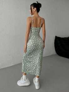 Vestido de vacaciones para mujer con estampado floral, punto, escote lencero y bajo con abertura - Verde Oliva - Ver 2