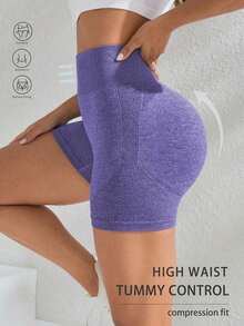 Sport Pantalones cortos deportivos sin costuras de cintura alta para mujer - Pantalones cortos con control de abdomen y elevación del trasero suave para correr, ciclismo, yoga, pickleball, ejercicio, uso diario, color negro - Morado - Ver 1