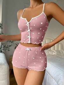 pijama / Pijama con estampado de corazón, ribete contrastante y lazo delantero - Rosa - Ver 4