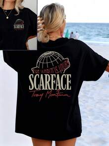 Text Featuring A Globe And A Phrase That Inspires Power And Determination, Reflecting Confidence And A Positive Attitude, With Large Letters In Soft Tones That Highlight Its Unique Energy. Women's Double-Sided Casual Modern T-Shirt - 黑色 - 查看 1