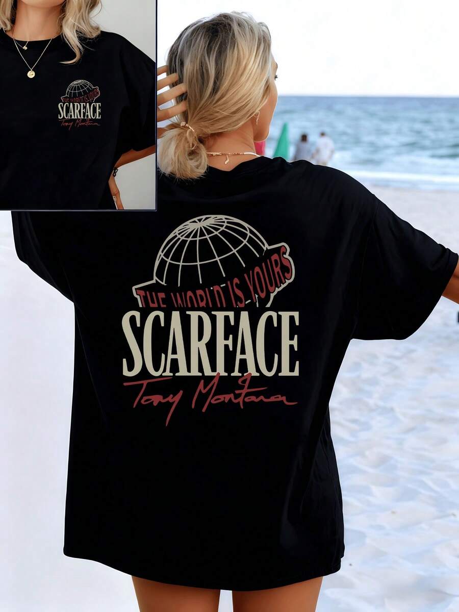 Text Featuring A Globe And A Phrase That Inspires Power And Determination, Reflecting Confidence And A Positive Attitude, With Large Letters In Soft Tones That Highlight Its Unique Energy. Women's Double-Sided Casual Modern T-Shirt - 黑色 - 查看 1